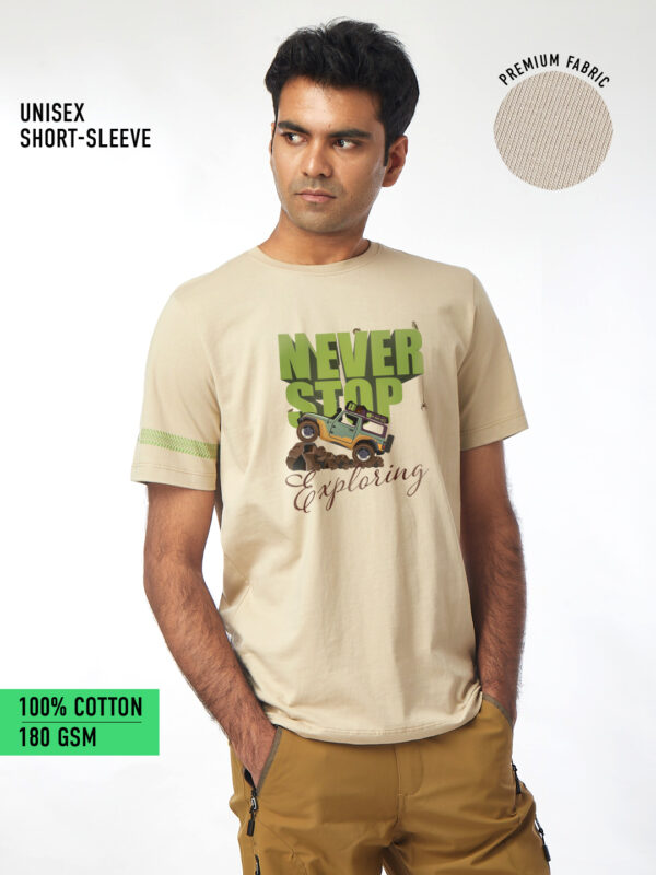 Unisex Short Sleeve – Never Stop Exploring | A4 Front Print | Beige Color