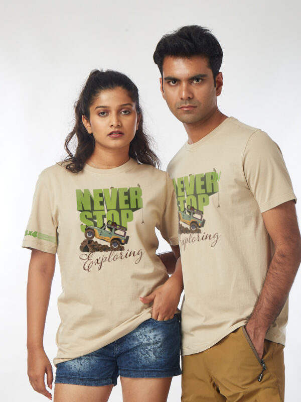 Unisex Short Sleeve – Never Stop Exploring | A4 Front Print | Beige Color