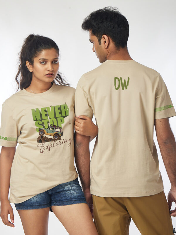Unisex Short Sleeve – Never Stop Exploring | A4 Front Print | Beige Color