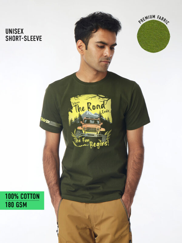 Unisex Half Sleeve – Where the Road Ends (Jeep) A4 Print Front.