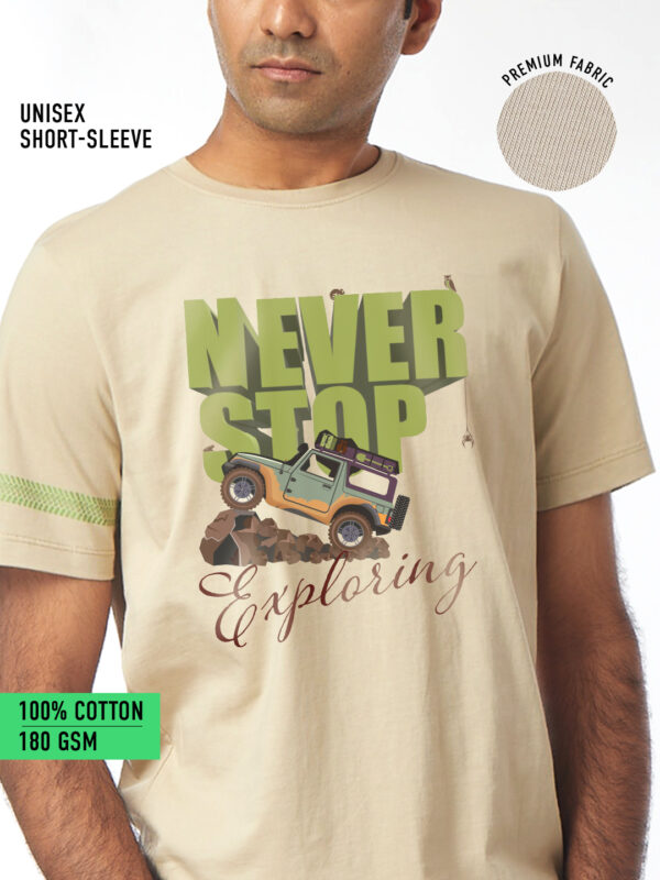 Unisex Short Sleeve – Never Stop Exploring | A4 Front Print | Beige Color