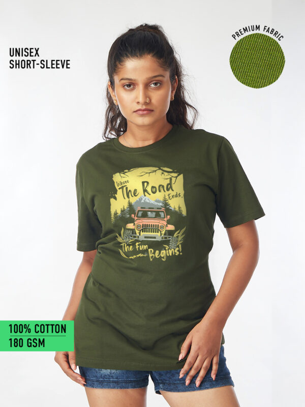 Unisex Half Sleeve – Where the Road Ends (Jeep) A4 Print Front.