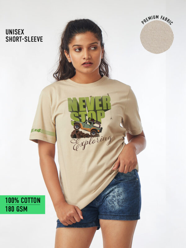 Unisex Short Sleeve – Never Stop Exploring | A4 Front Print | Beige Color