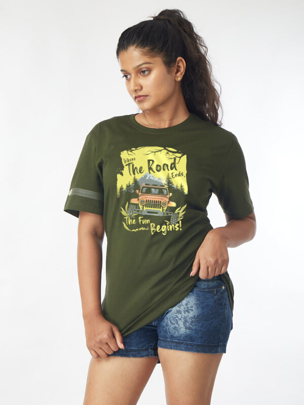 Unisex Half Sleeve – Where the Road Ends (Jeep) A4 Print Front.