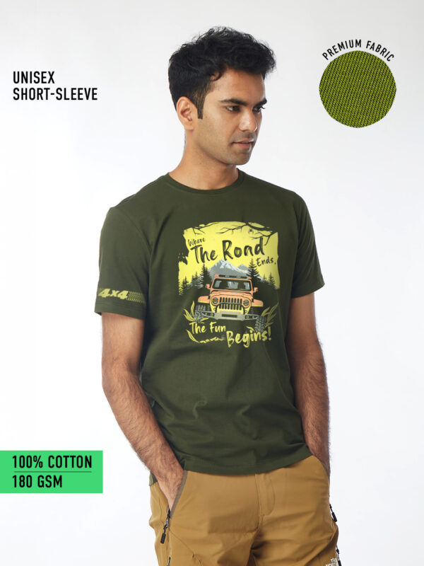 Unisex Half Sleeve – Where the Road Ends (Jeep) A4 Print Front.