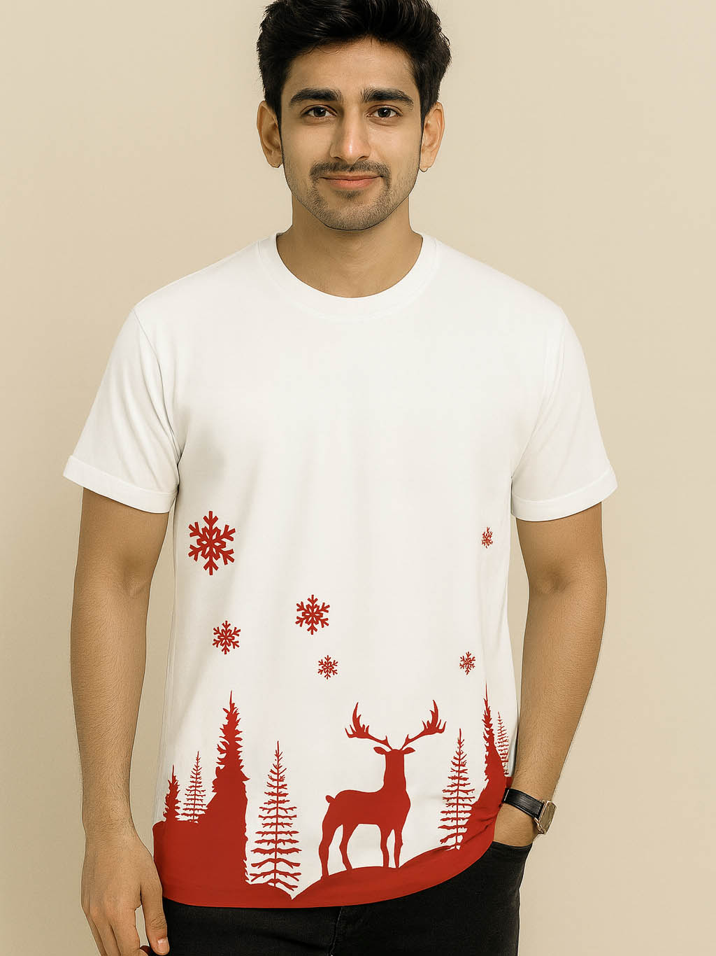 Christmas Winter Deer Forest T-Shirt – Unisex | White with Red Print